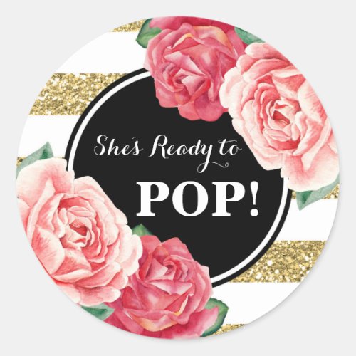 Black Gold Pink Floral Baby Shower Ready to Pop Classic Round Sticker