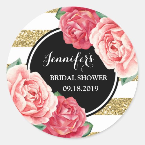 Black Gold Pink Floral Bridal Shower Favor Tag