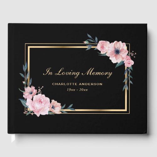 Black Gold Pink Floral Memorial Funeral Guest Book
