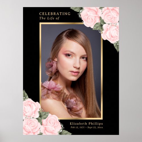 Black Gold Pink Floral Photo Memorial Funeral Sign