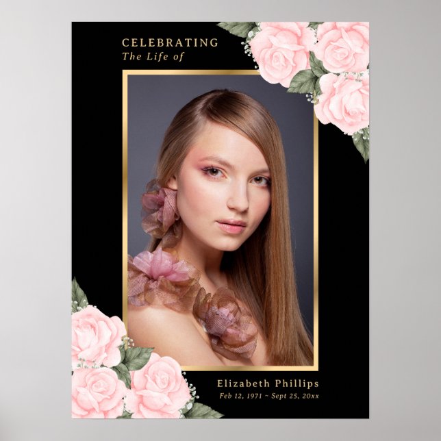 Black Gold Pink Floral Photo Memorial Funeral Sign (Front)