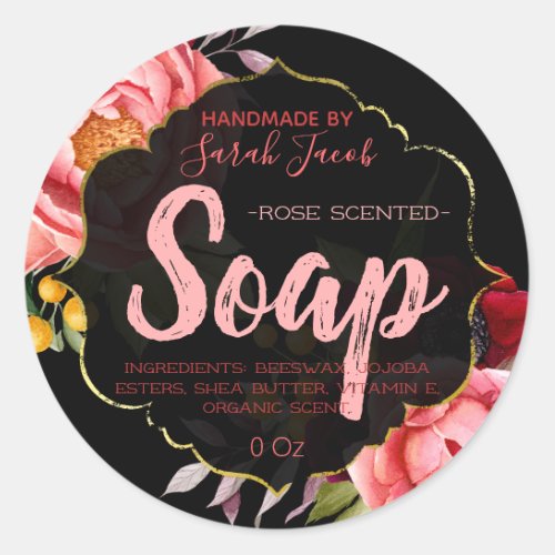 Black Gold Pink Floral Watercolor Soap Classic Round Sticker