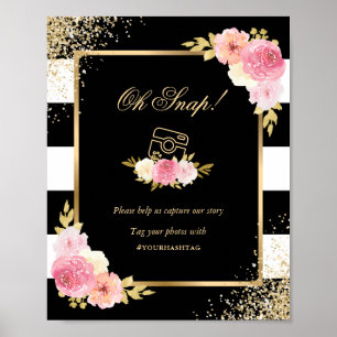 Black Gold Pink Floral Wedding Social Media Sign