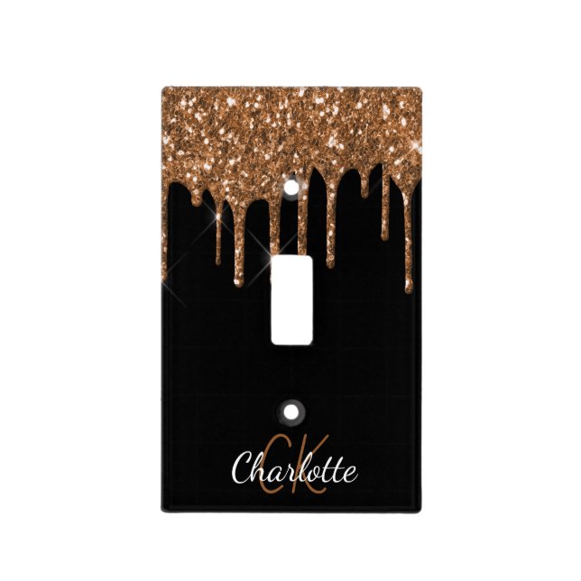 Black gold pink glitter monogram initials luxury  light switch cover (Front)
