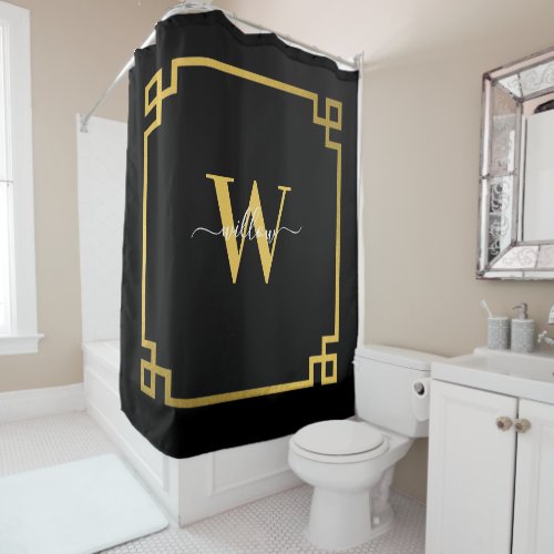 Black  Gold Pink Greek Key Monogrammed  Shower Curtain