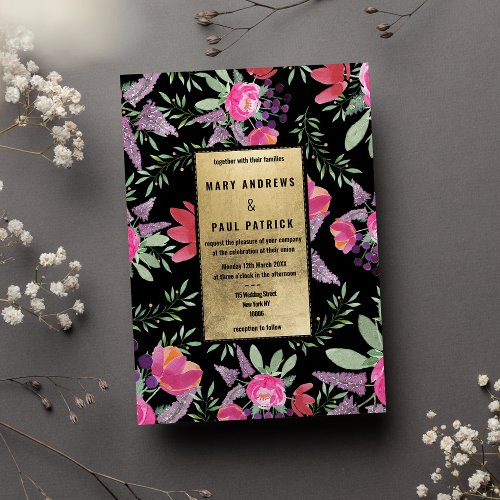 Black gold pink green peonies floral wedding invitation