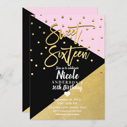 Black Gold  Pink Modern Script Sweet 16 Sixteen Invitation