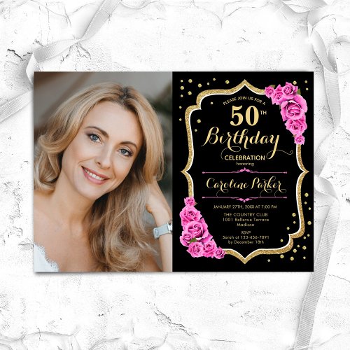 Black Gold Pink Photo 50th Birthday Invitation
