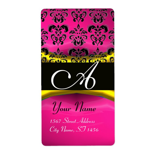 BLACK GOLD PINK  PURPLE AMETHYST DAMASK MONOGRAM LABEL (Front)