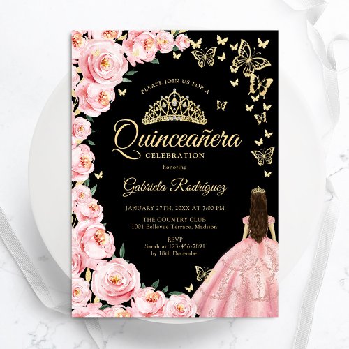Black Gold Pink Roses Butterflies Quinceanera Invitation