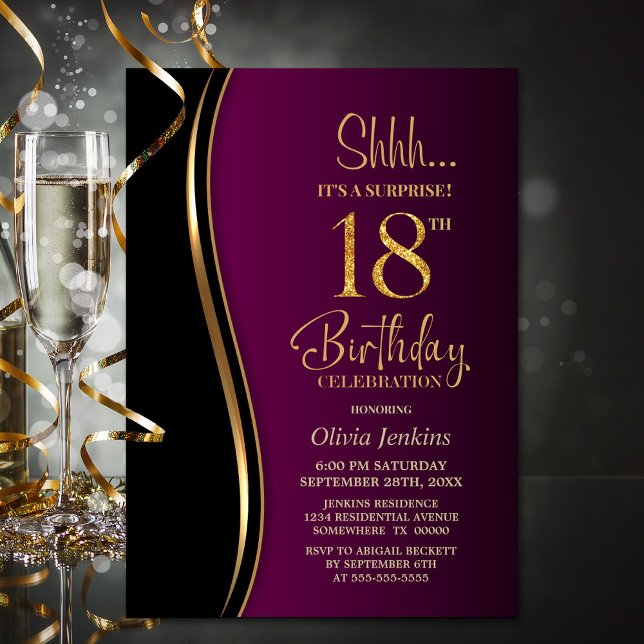 Black Gold Pink Surprise 18th Birthday Invitation (Creator Uploaded)