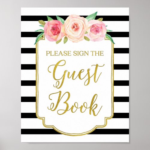 Black Gold Pink Watercolor Floral Guest Book Sign