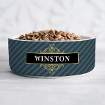 Black Gold Pinstripe Customized<br><div class="desc">Elevate your pet’s dining experience with this personalized pet bowl. Adorned with a classic black and gray pinstripe pattern, an elegant gold emblem, and a customizable name, this design exudes sophistication and style. Add a personal touch by customizing it with a pet’s name. Whether you’re searching for something unique for...</div>