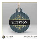 Black Gold Pinstripe Customized Pet ID Tag<br><div class="desc">Dress your dog or cat in style with this elegant pet ID tag that features a classic gray pinstripe pattern and a gold and black emblem with customizable text. Add a pet’s name on the front and phone number on the back to create a one-of-a-kind gift for yourself, new pet...</div>