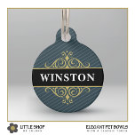 Black Gold Pinstripe Customized Pet ID Tag<br><div class="desc">Dress your dog or cat in style with this elegant pet ID tag that features a classic gray pinstripe pattern and a gold and black emblem with customizable text. Add a pet’s name on the front and phone number on the back to create a one-of-a-kind gift for yourself, new pet...</div>