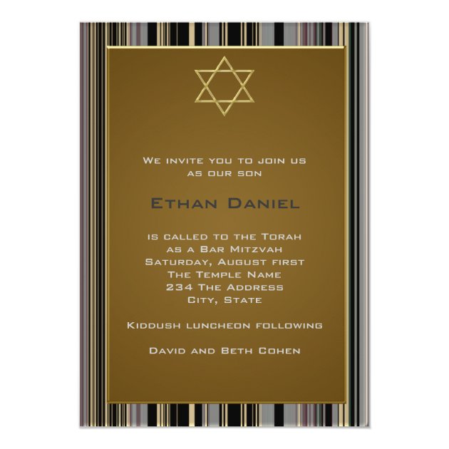 Black Gold Pinstripe Star Of David Bar Mitzvah Invitation