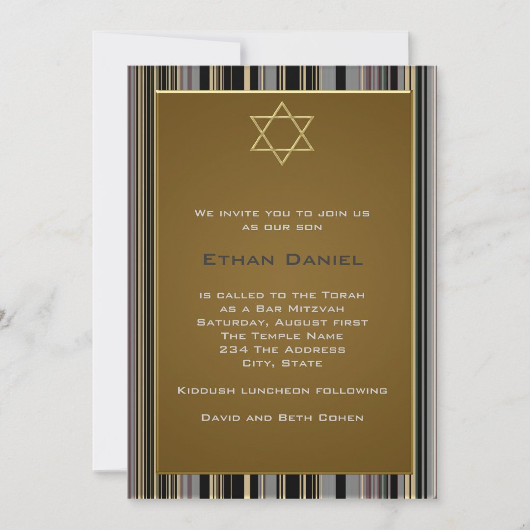 Black Gold Pinstripe Star of David Bar Mitzvah Invitation | Zazzle