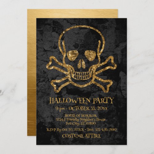 Black Gold Pirate Skull and Bones Halloween Party Note Card