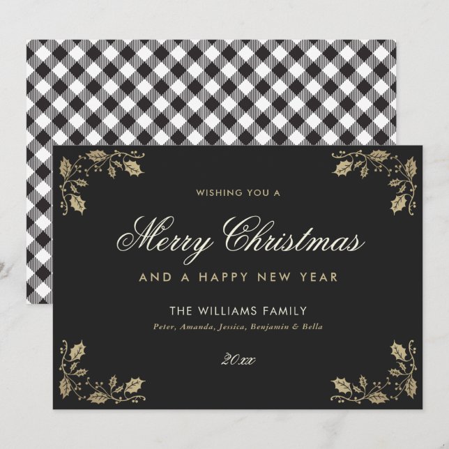 Black Gold Plaid Christmas Happy New Year Cards (Front/Back)