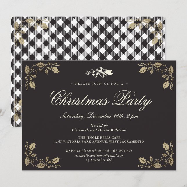 Black Gold Plaid Christmas Holiday Party Invitation (Front/Back)