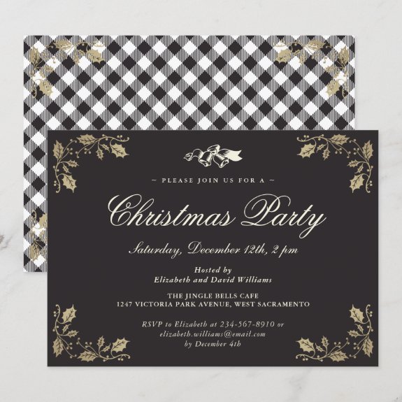 Black Gold Plaid Christmas Holiday Party Invitation