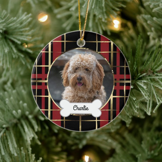 Black Gold Plaid Custom Pet Puppy Dog Photo Ceramic Ornament (Tree)