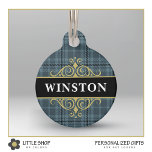 Black Gold Plaid Customized Pet ID Tag<br><div class="desc">Dress your dog or cat in style with this elegant pet ID tag that features a classic blue gray plaid pattern with a gold emblem and customizable text. Add a pet’s name on the front and phone number on the back to create a one-of-a-kind gift for yourself, new pet owners,...</div>