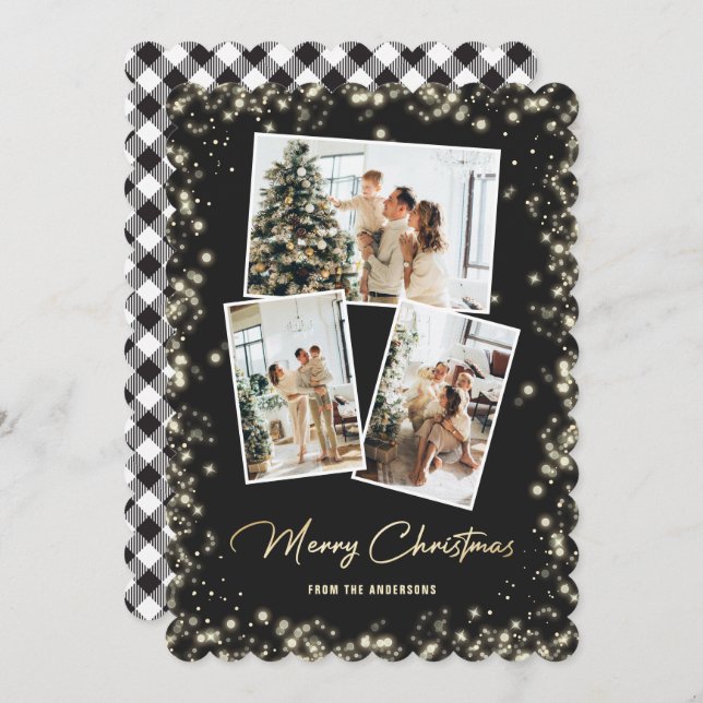 Black Gold Plaid Photo Collage Merry Christmas Holiday Card (Front/Back)