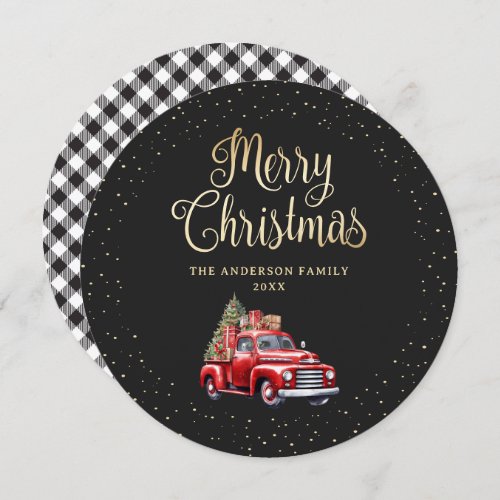 Black Gold Plaid Red Truck Merry Christmas Card