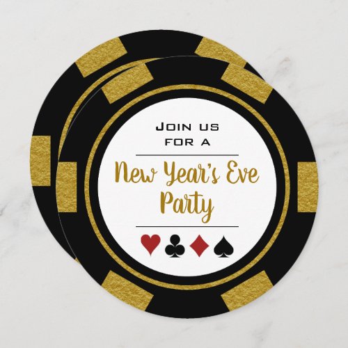 Black Gold Poker Chip Casino Night New Years Eve Invitation