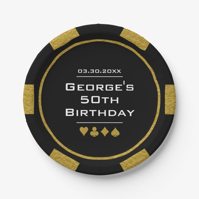 Black Gold Poker Chip Las Vegas Casino Birthday Paper Plates (Front)