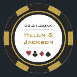 Black Gold Poker Chip Las Vegas Casino Wedding Classic Round Sticker<br><div class="desc">Getting married in Las Vegas or another fun casino city? Or having a casino themed wedding? These gold, white, and black stickers would make a perfect addition to your guest's favors or to seal their invitations. Personalize your design with your names in a goldish color in the center, and a...</div>
