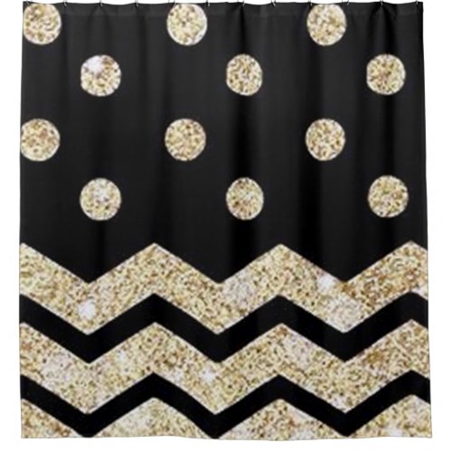 Black  Gold Polka Dot and Chevron Shower Curtain