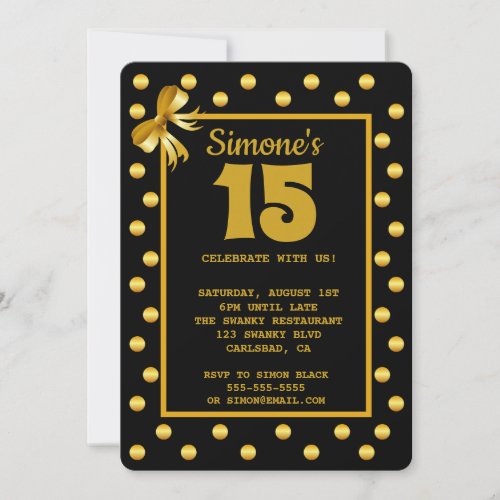 Black Gold Polka dot girl glam 15th birthday Invitation