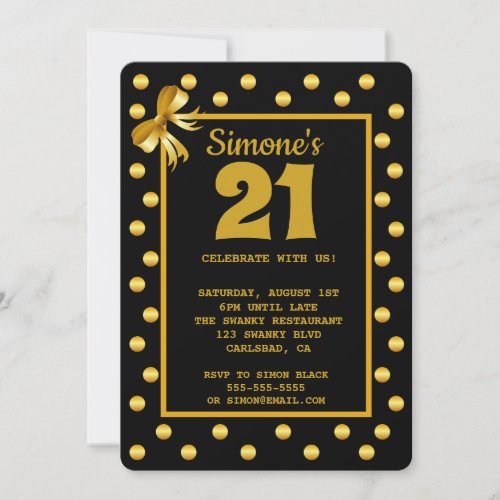 Black Gold Polka dot girl glam 21st Birthday Invitation