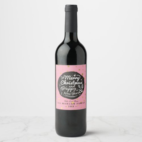 Black Gold Polka Dots Christmas  New Year Script Wine Label