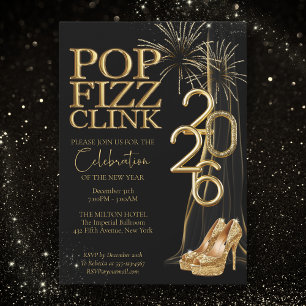 Black Gold Pop Fizz Clink New Years Invitation