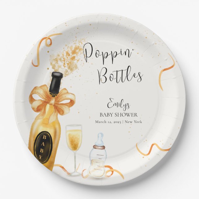 Black Gold Poppin Bottles Champagne Baby Shower  Paper Plates (Front)