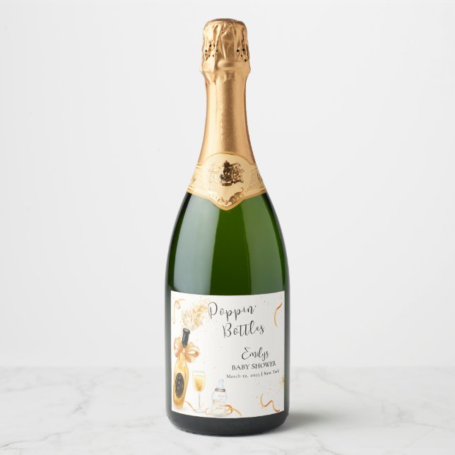 Black Gold Poppin Bottles Champagne Baby Shower  Sparkling Wine Label (Front)