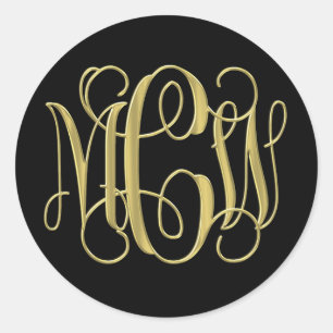 Black Gold Preppy Vine Script Monogram DIY BG Classic Round Sticker