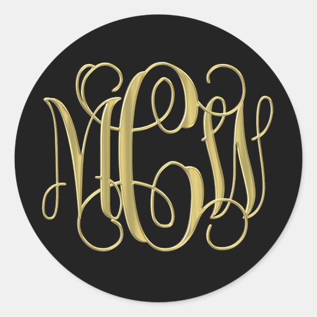 Black Gold Preppy Vine Script Monogram DIY BG Classic Round Sticker (Front)