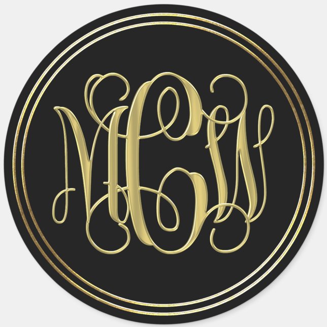 Black Gold Preppy Vine Script Monogram DIY BG Classic Round Sticker (Creator Uploaded)
