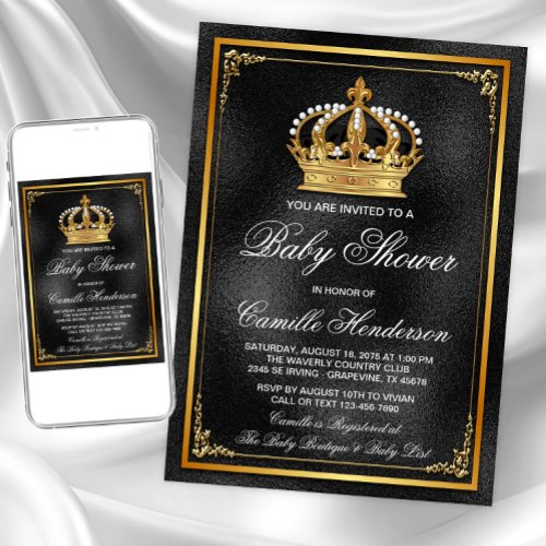 Black Gold Prince Baby Shower Invitation