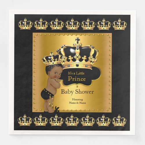 Black Gold Prince Crown Baby Shower Ethnic Paper Dinner Napkins