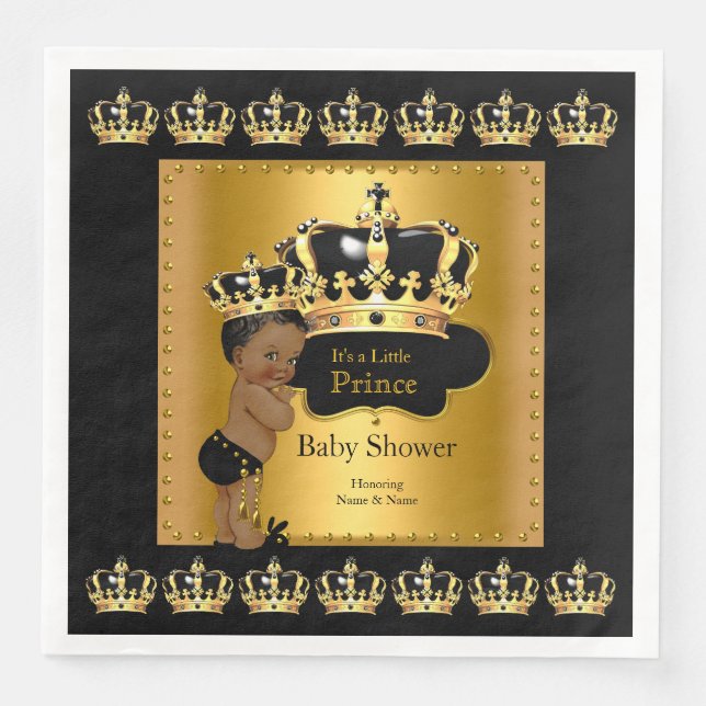 Black Gold Prince Crown Baby Shower Ethnic Paper Dinner Napkins (Front)