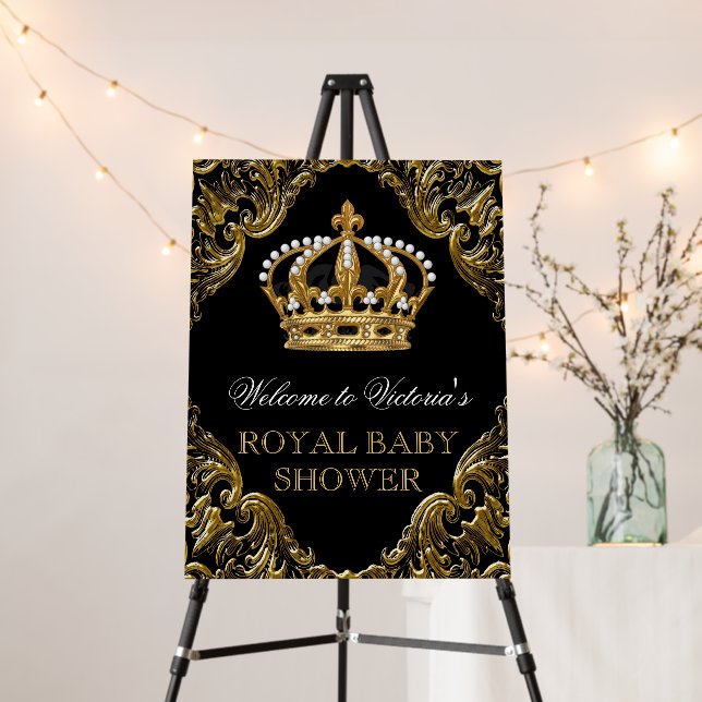 Black Gold Prince Crown Baby Shower Welcome Sign (In Situ (Stand))