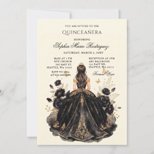 Black Gold Princess Floral Tiara Quinceañera Invitation