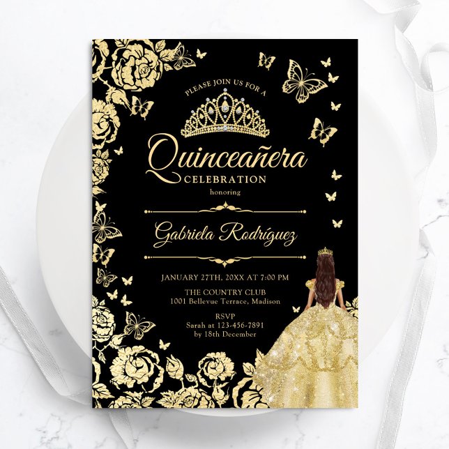 Black Gold Princess Gown Quinceanera Invitation (Creator Uploaded)