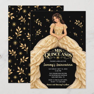 Black Gold Princess Quinceañera Invitation