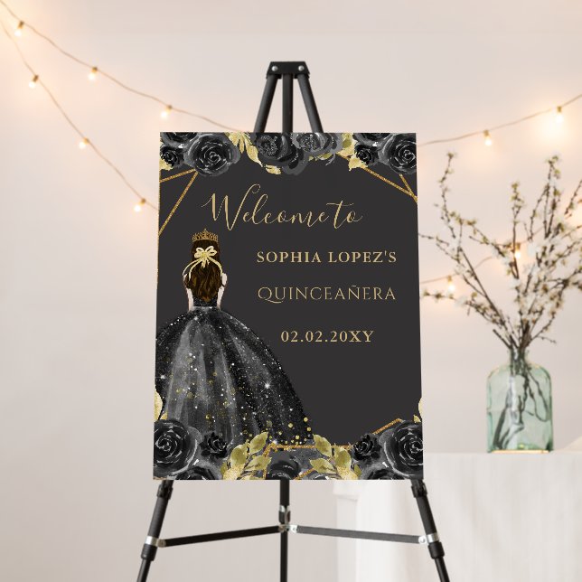 Black Gold Princess Quinceanera Welcome Sign (In Situ (Stand))